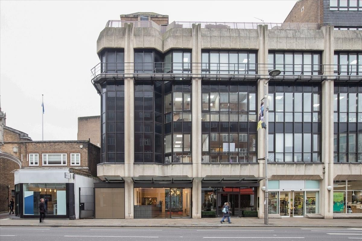 Exterior view of the modernist concrete facade at 239 Kensington High Street.