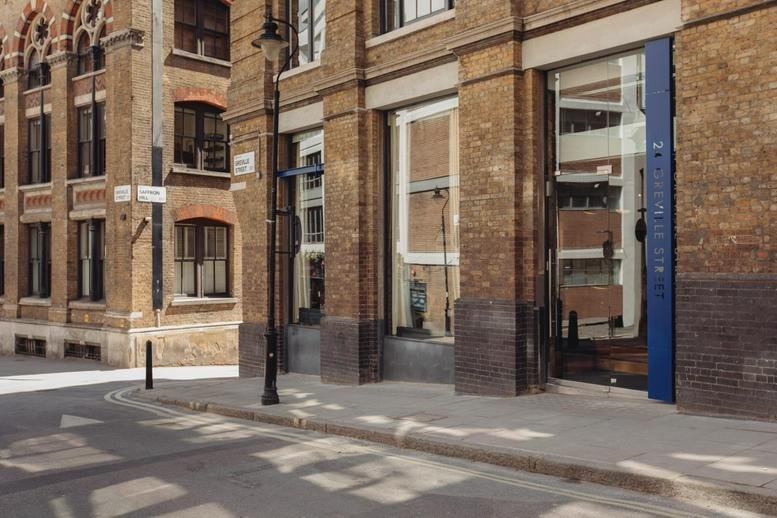 Exterior view of the traditional brick facade at 24 Greville Street in Clerkenwell.