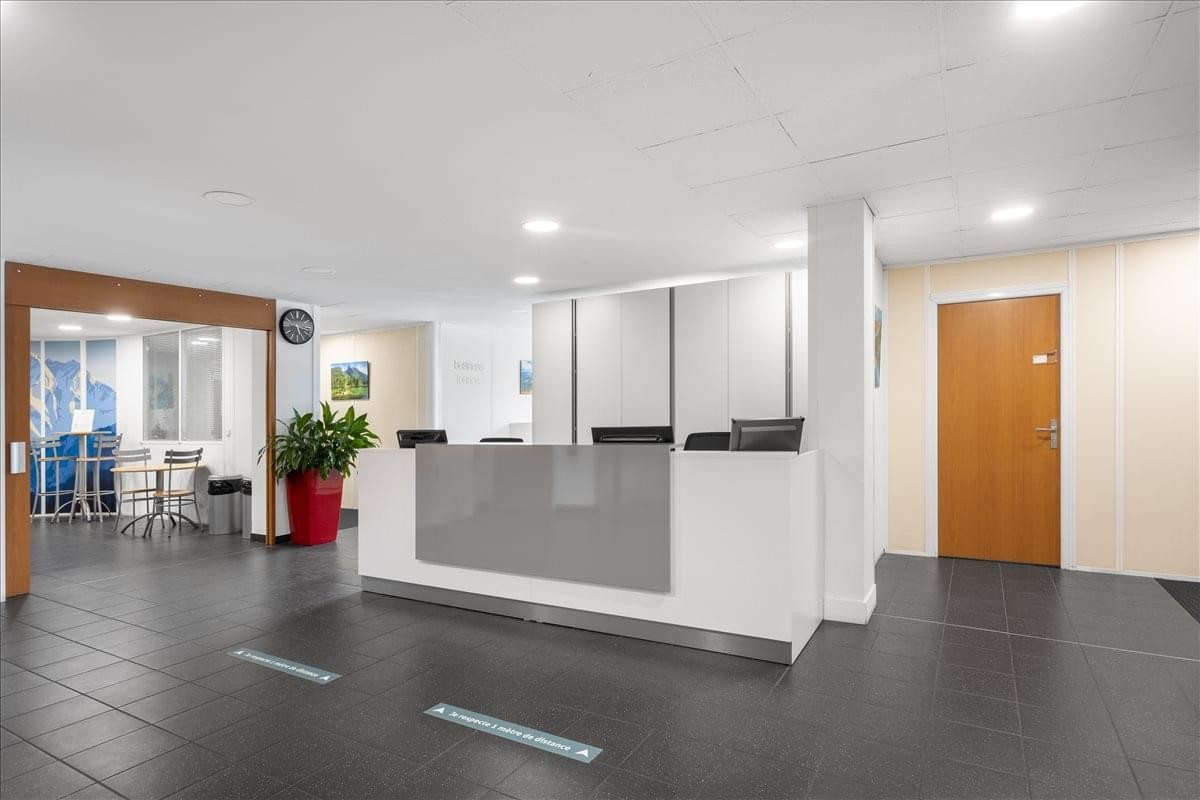 Bright reception area at 29 Boulevard des Alpes with a sleek white desk and wood accents.