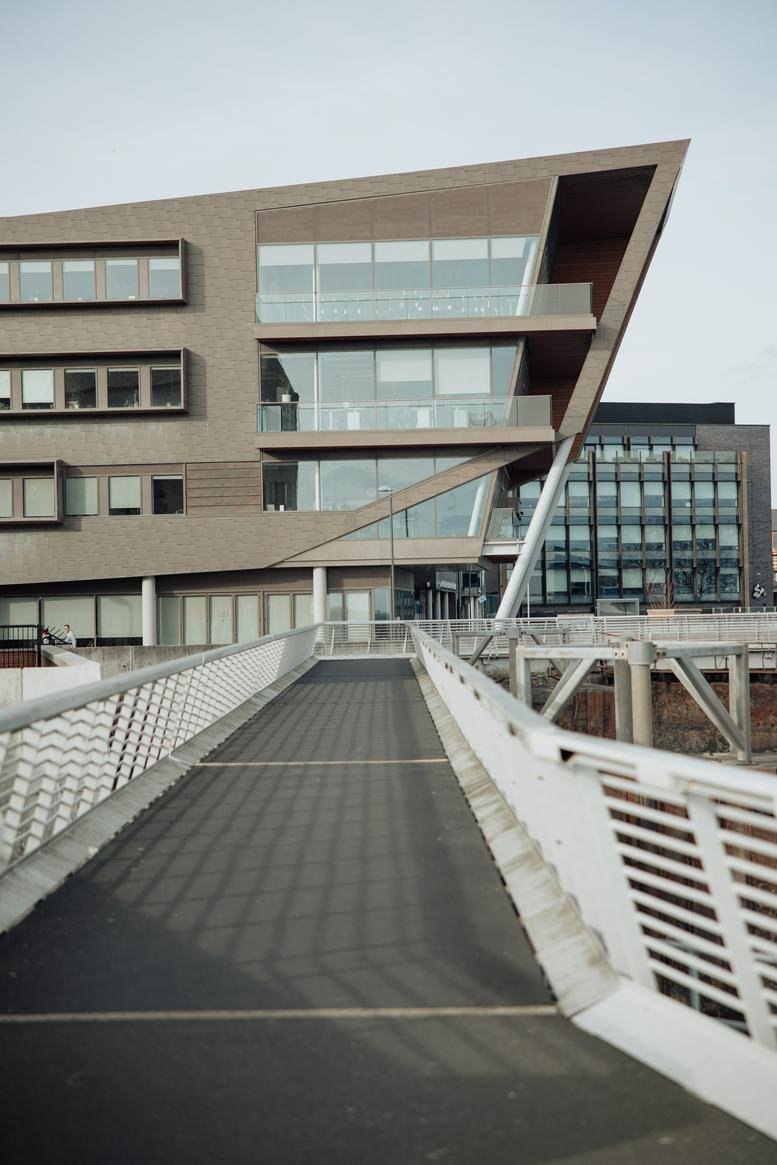 Exterior view of the modern, angular C4DI building at 31-38 Queen Street, Fruit Market, Hull.