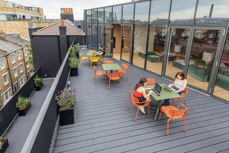 Spacious rooftop terrace with outdoor seating at 42-46 Princelet Street, Spitalfields.