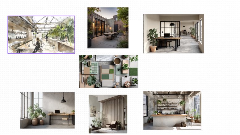 Spacious open-plan workspace at Julu Creations featuring high ceilings, wood beams, and lush indoor plants.