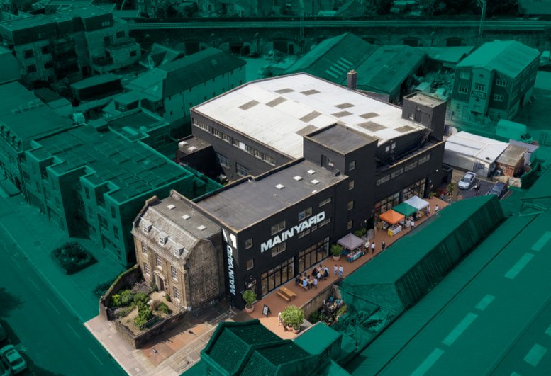 Aerial exterior view of the Mainyard Creative Quarter, 669 High Road Leyton, London.