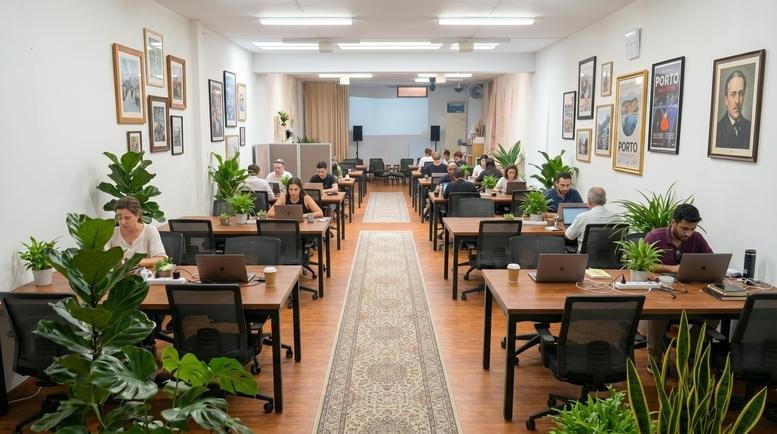 Long open-plan coworking space at 858 Rua da Boavista featuring wooden desks, plants, and a central patterned rug.