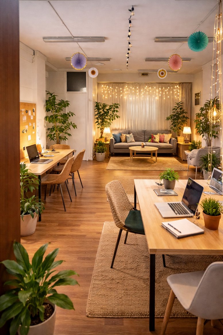 Portrait view of a cozy coworking lounge with string lights, plants, and wooden desks.