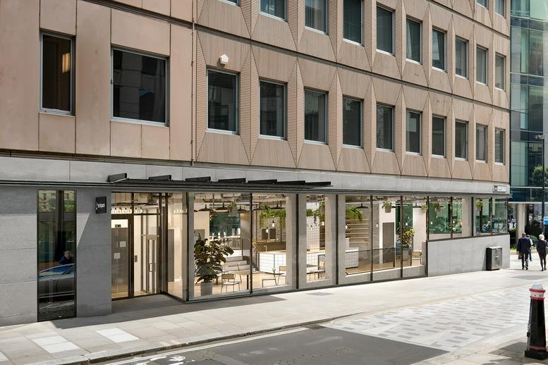 Exterior view of the modern stone facade at Techspace St Andrew, 9-13 Saint Andrew Street.