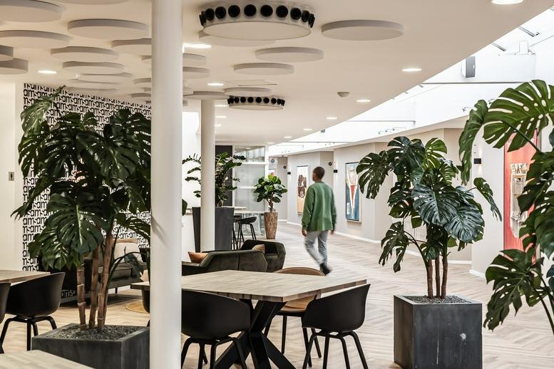 Spacious communal lounge at 92 Arlandaweg with large potted Monstera plants and modern seating.