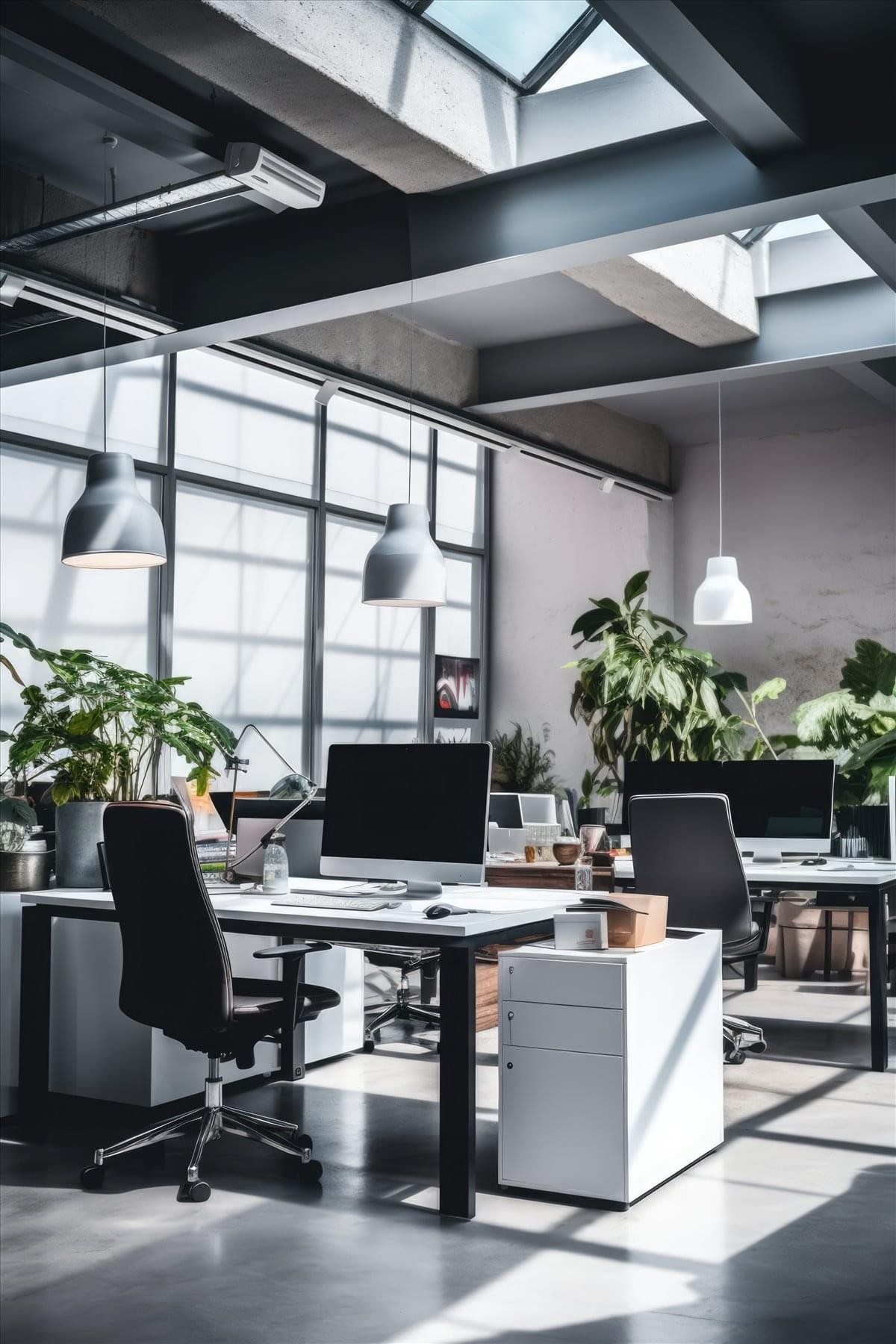 Bright industrial-style loft office at Access House, 207-211 The Vale, featuring skylights and indoor greenery.