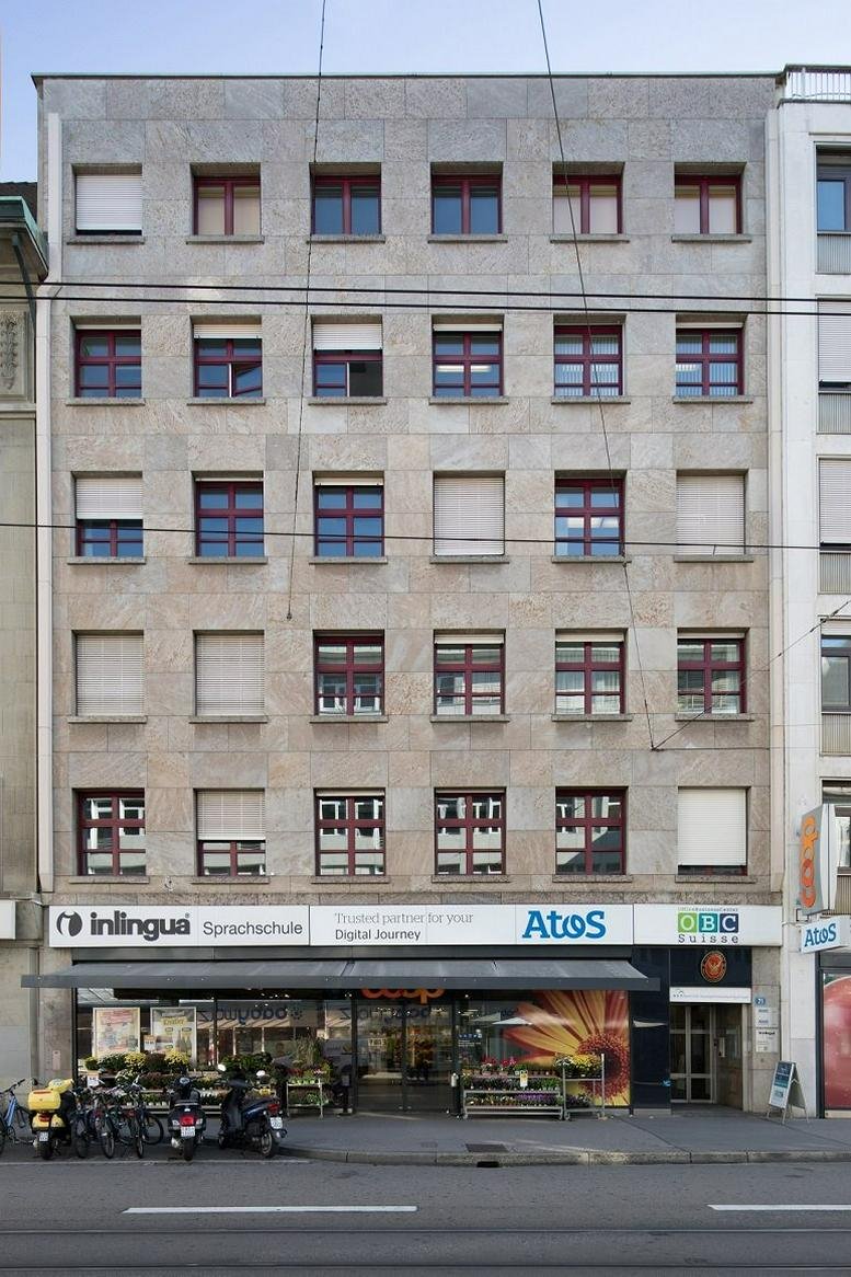 Exterior view of the stone-facade building at Aeschenvorstadt 71, City Centre.