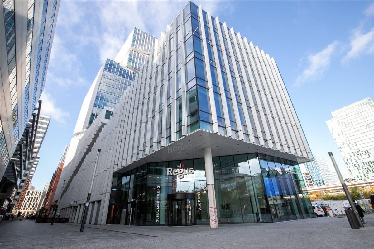 Exterior view of the modern glass facade at the Vinoly building.