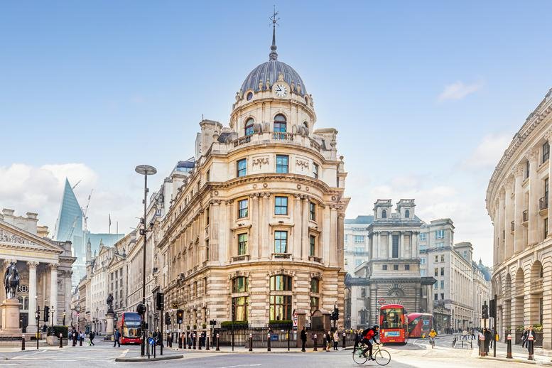 Exterior view of the historic domed facade of Argyll No 1 Cornhill.