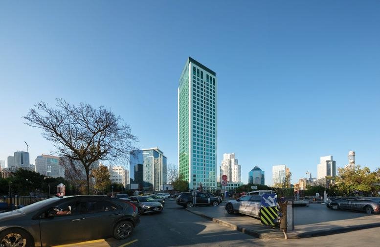 Exterior view of the glass-facade Sun Plaza Kat:13 in Maslak, Istanbul.
