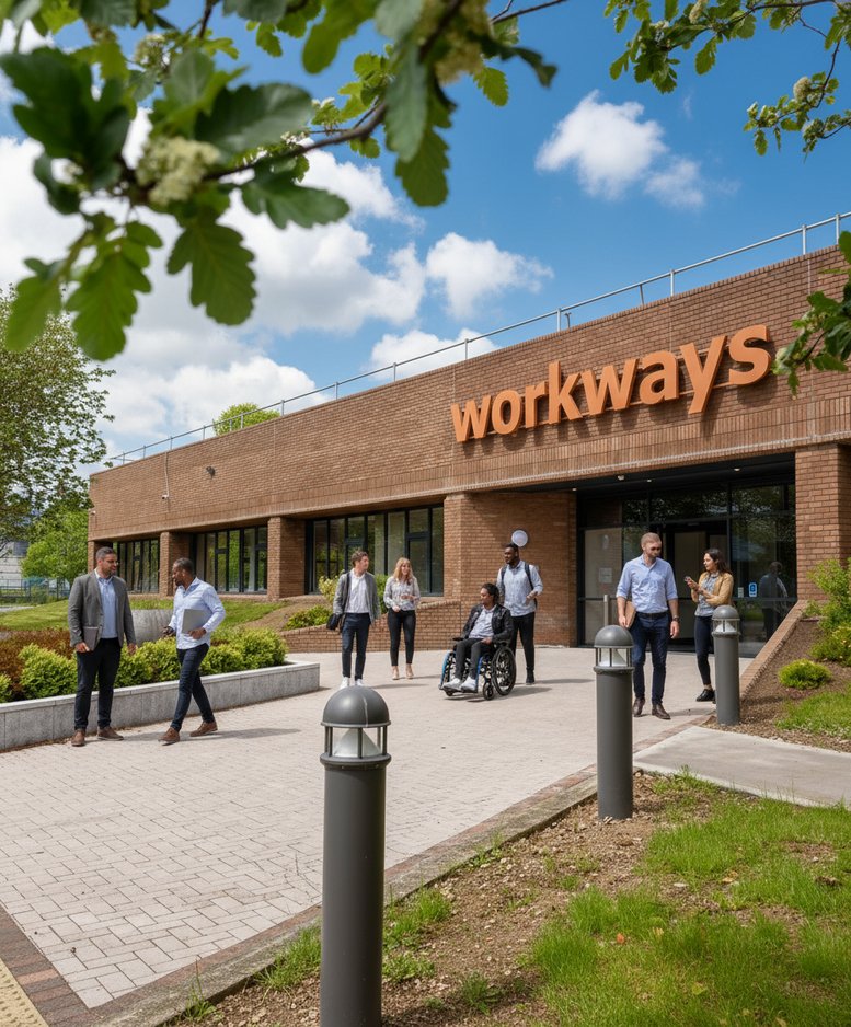 Exterior view of the brick facade and entrance of the Workways building at Balheary Roads, Swords, Dublin.