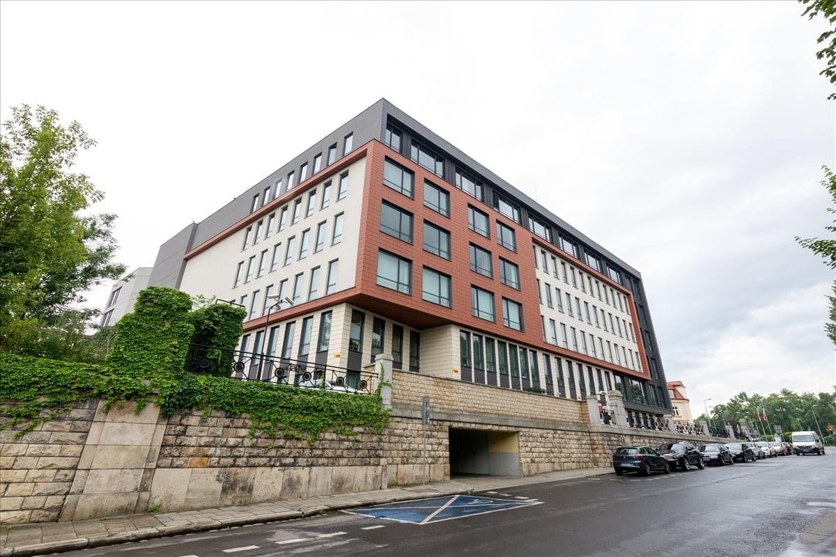 Exterior view of the modern brick and glass Budynek Fronton, Kamienna 21, Krakow, Poland.