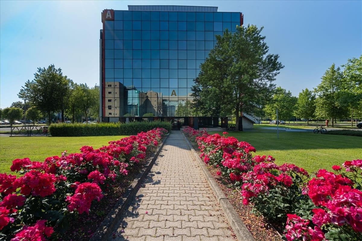 Exterior view of the glass-facade Building A, Stairs 13 (1st Floor) at Milano Fiori.