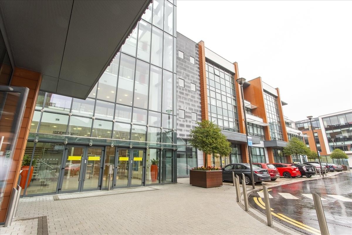 Modern glass and steel exterior of the City Gate Business Centre, Mahon, Cork, Ireland.