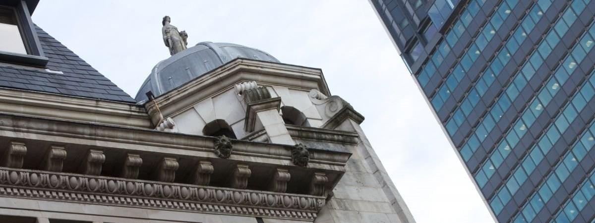 Exterior architectural detail of the domed roof at Colwyn Chambers, York Street, Manchester.