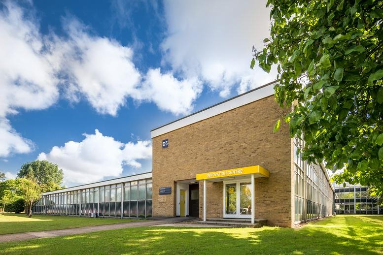 Exterior view of the brick facade and entrance at Culham Innovation Centre, D5 Culham Science Centre.