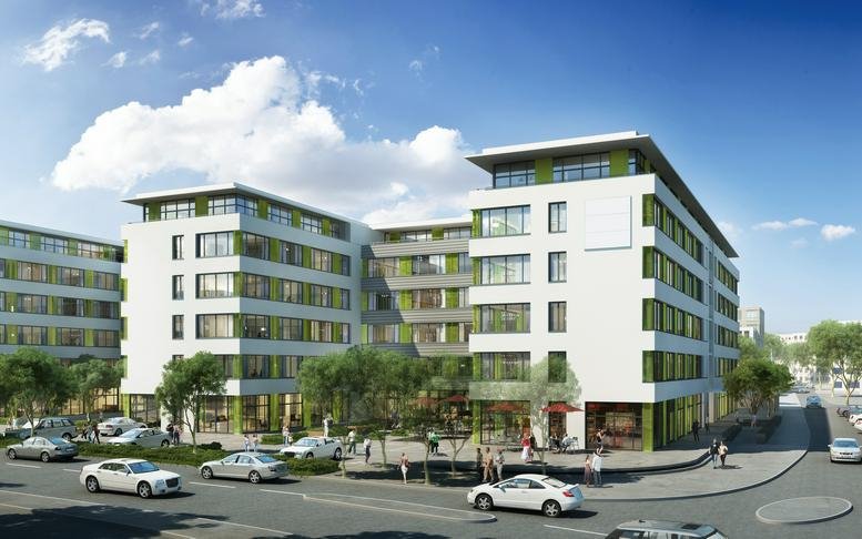 Exterior view of the modern glass and white facade of the office building at Dieselstrasse 5, Gerlingen Siedlung.
