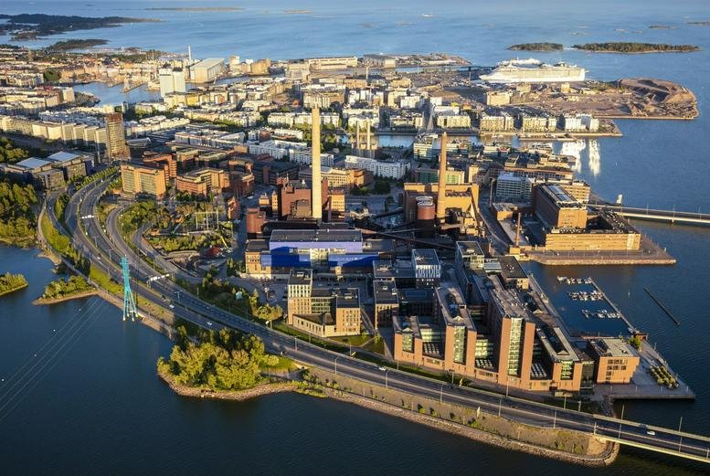 Aerial view of the brick industrial-style buildings at Energiakuja 3, Helsinki, Finland.