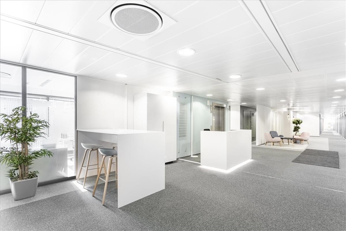 Luminous reception area with a white front desk, high stools, and indoor plants.