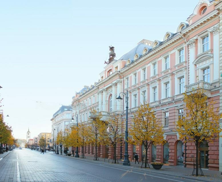 Exterior view of the ornate historic building facade at Gedimino av. 20, Vilnius, Lithuania.
