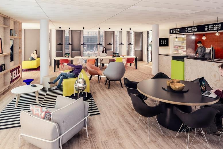 Spacious communal lounge at Grand Hôtel-Dieu, 1 Place de l'Hôpital, Lyon, Rhone with modern furniture and a cafe area.