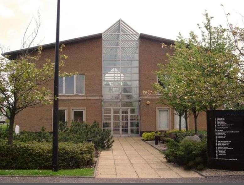Exterior of the brick and glass-fronted Grovewood Business Centre, Strathclyde Business Park, Bellshill.