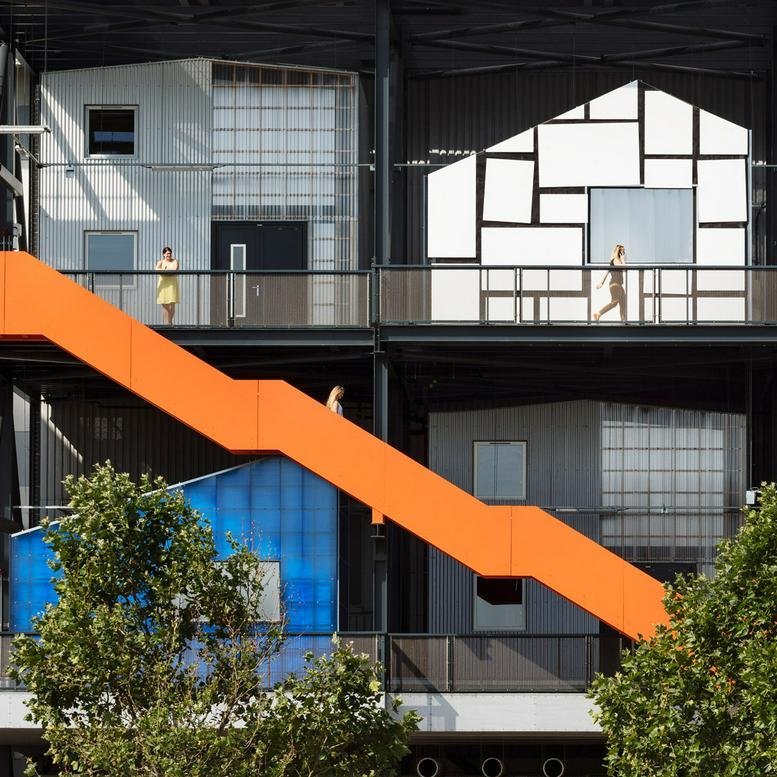 Exterior view of the modular studio structures at Here East, Queen Elizabeth Olympic Park.