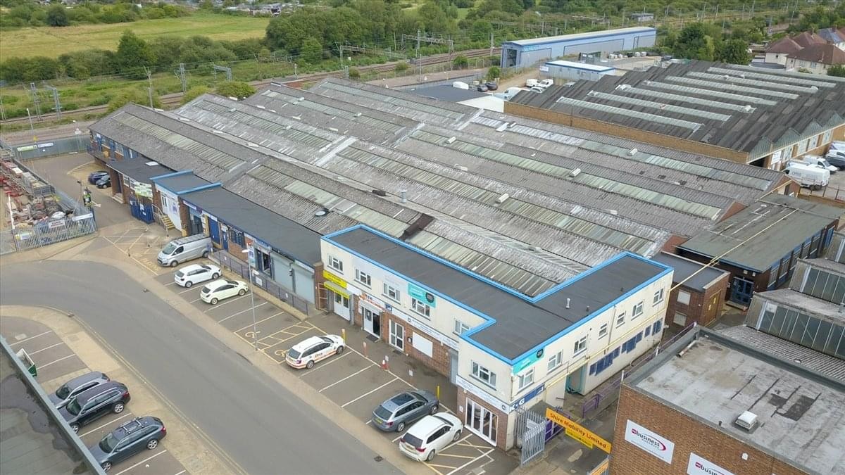 High-angle exterior view of the industrial and office buildings at K2 House.