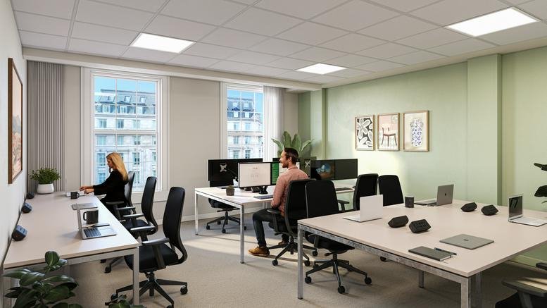 Spacious open-plan office at Kings Court, Parsonage Lane, Bath with large windows and modern desks.