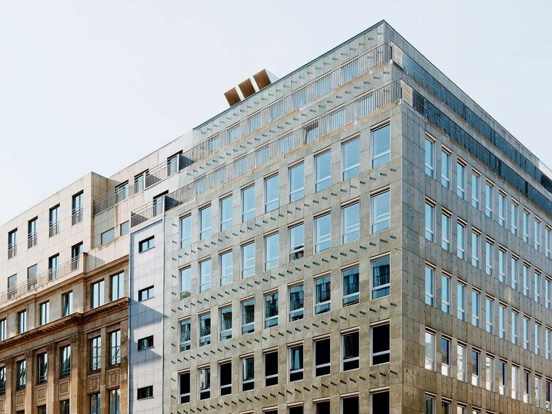 Exterior view of the stone-facade building at Kronenstraße 63, Stadtmitte, Mitte, Berlin, Germany.