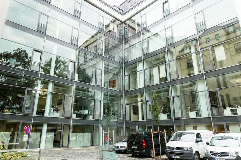 Exterior view of the glass-facade Leopoldstraße 8-10, Munich, Bayern.