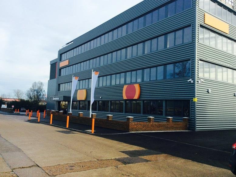 Exterior view of the modern metal-clad Letraset Building at Kingsnorth Industrial Estate.