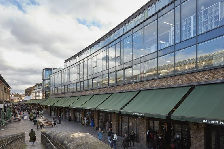 Exterior view of the glass-facade London Atrium, North Stables Market in Camden Town.