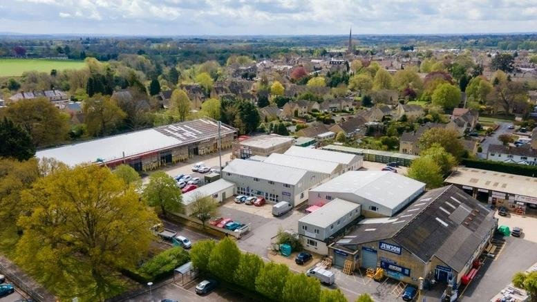 Aerial view of the industrial and office buildings at London Road, Tetbury, Swindon, Wiltshire.