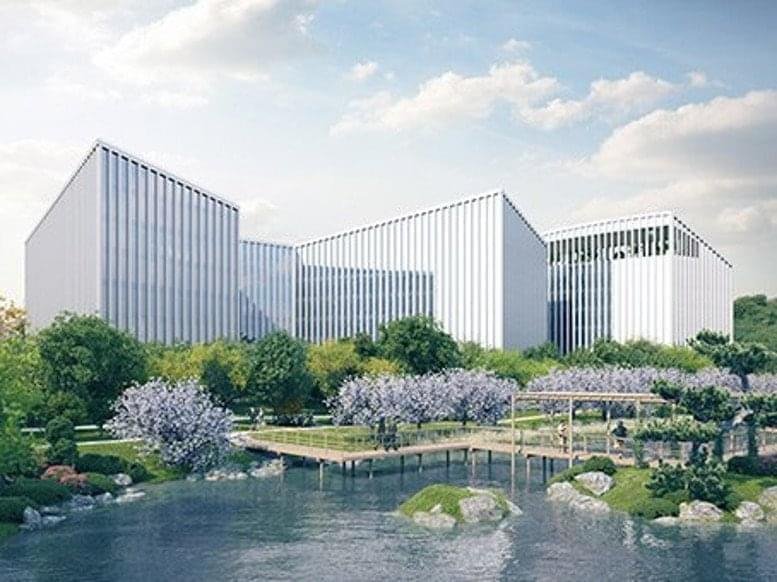 Exterior view of the modern, multi-peaked white buildings at Lvovo, g. 105, 08104 Vilnius.