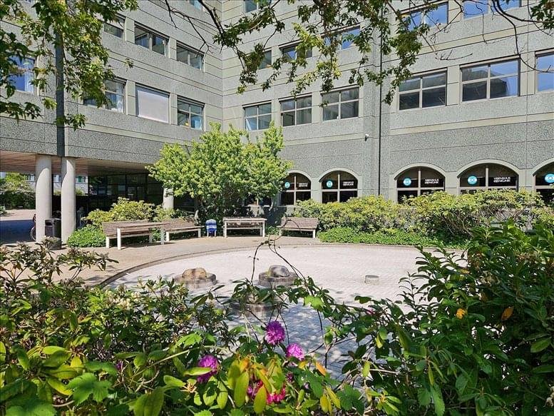 Sunny courtyard garden with benches and low-rise building in the background.