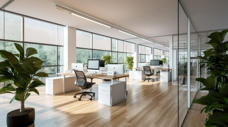 Sunlit open-plan office at Lyon Villeurbanne, 23 Rue Jules Valles with wooden floors and glass partitions.