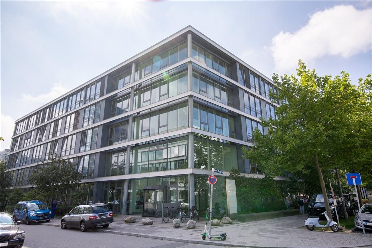 Exterior view of the modern glass-facade building at Marcel (1st floor), Breuer, Str. 15, Munich, Bayern.