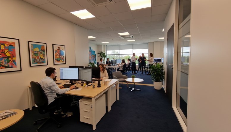 Spacious open-plan workspace at Maynooth Business Campus with colourful wall art and large windows.