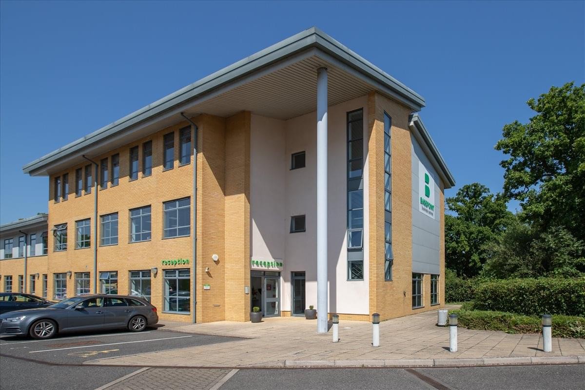 Exterior view of the contemporary brick and glass office building at Metcalf Way, Crawley.