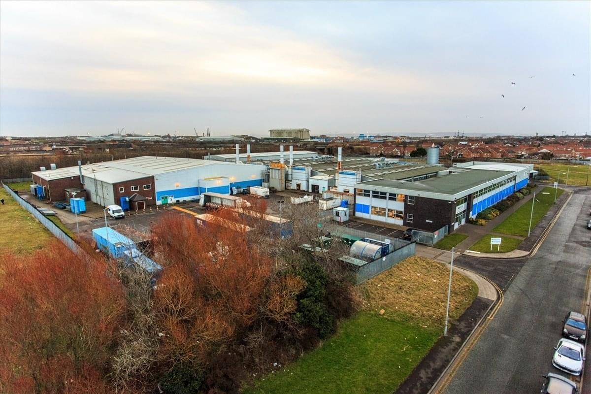 Exterior bird's-eye view of the industrial facility at Oakesway Industrial Estate.