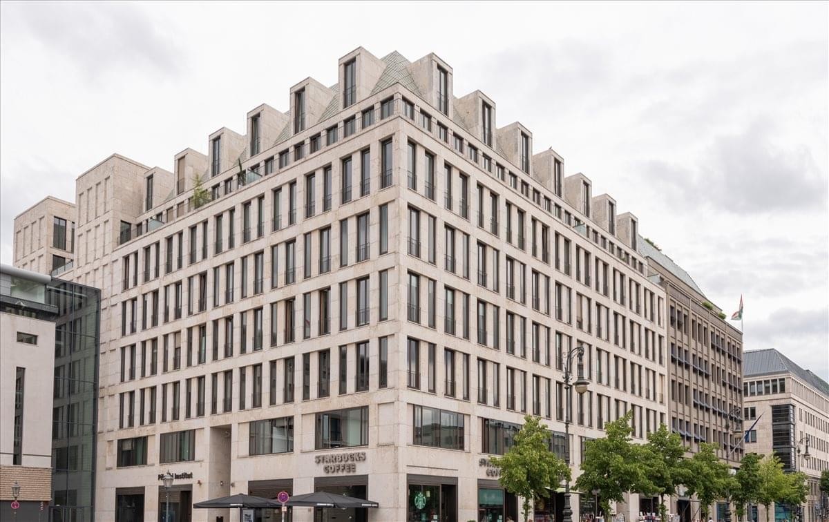 Exterior view of the light stone facade at Pariser Platz 4a.