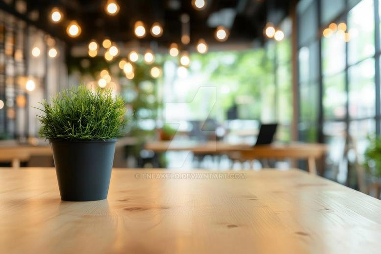 Communal breakout area with wooden tables, indoor plants, and warm hanging pendant lights at Parodos Michael Livanou.