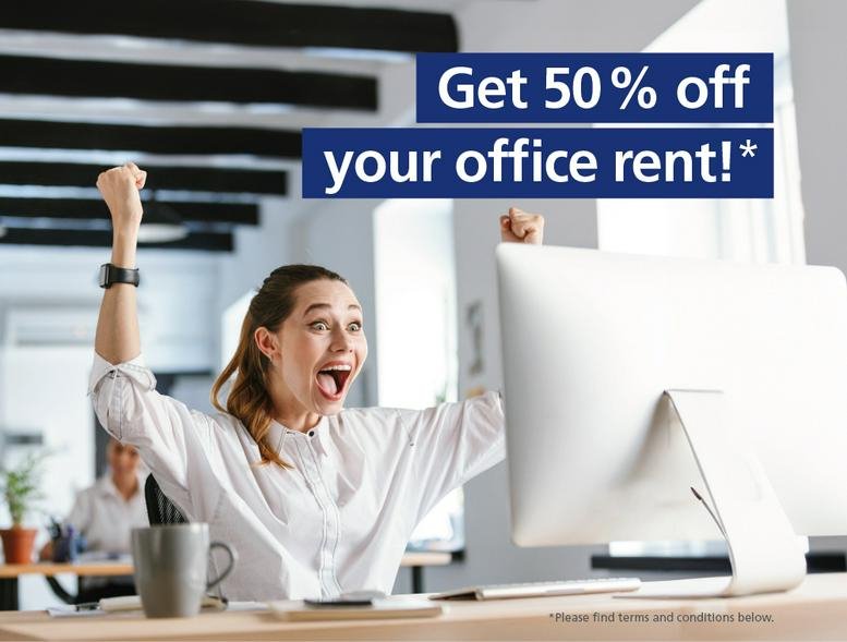 Promotional image with a woman celebrating in a bright office at Praunheimer Landstraße 32, Frankfurt, Hesse.