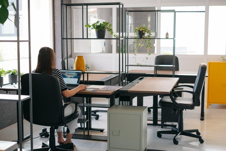 Open-plan coworking space with modern desks, plants, and large windows at Rua Sociedade Musical Mindense, Loja 31.