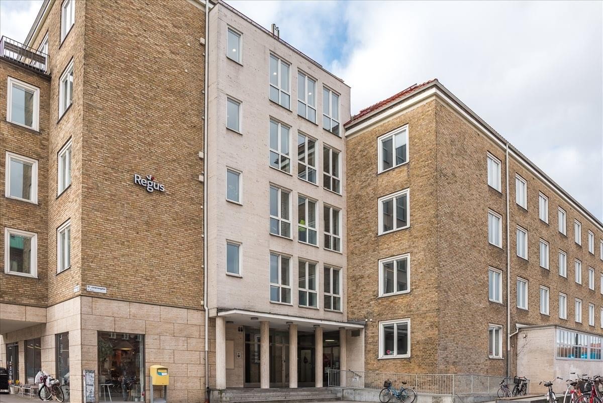 Exterior view of the brick facade building at S:T Johannesgatan 2, Malmo, Sweden.