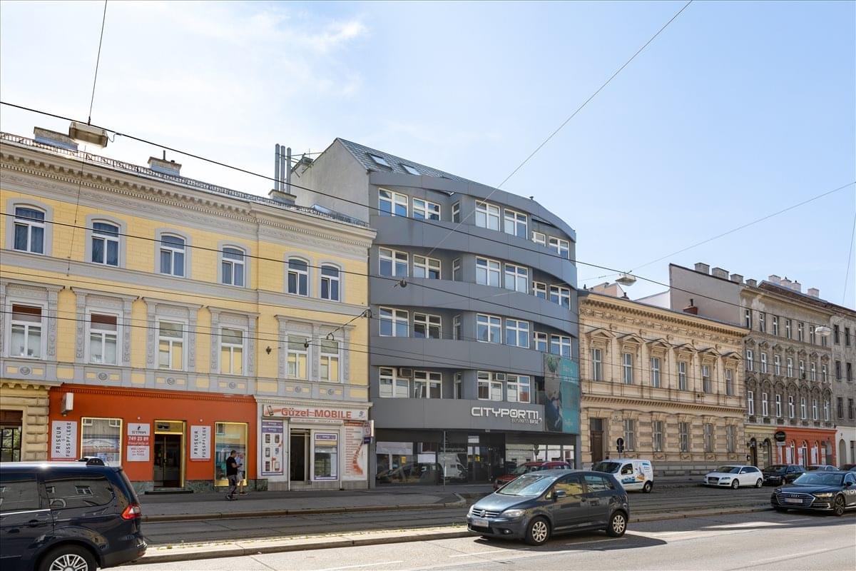 Exterior view of the contemporary facade at Simmeringer Hauptstraße 24, Simmering, Vienna, Austria.