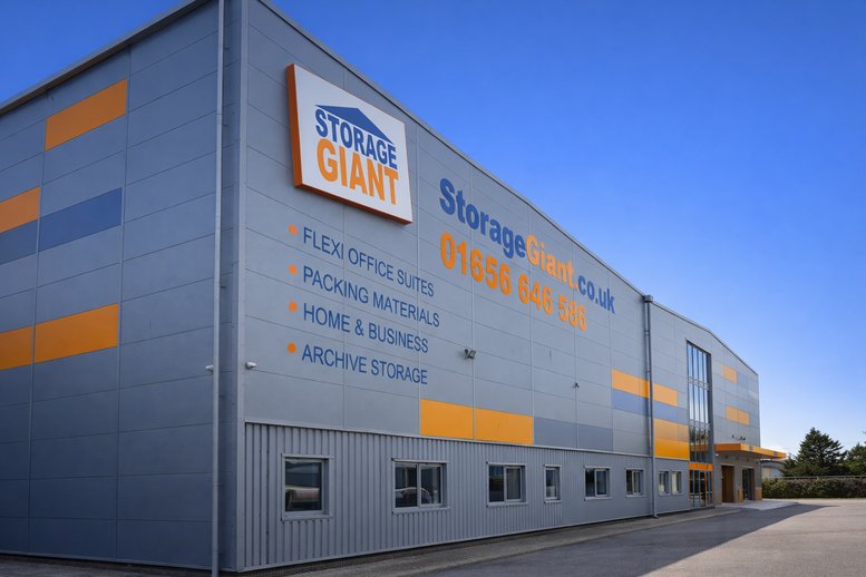 Exterior view of the grey and orange Storage Giant, South Road, Bridgend Industrial Estate building.